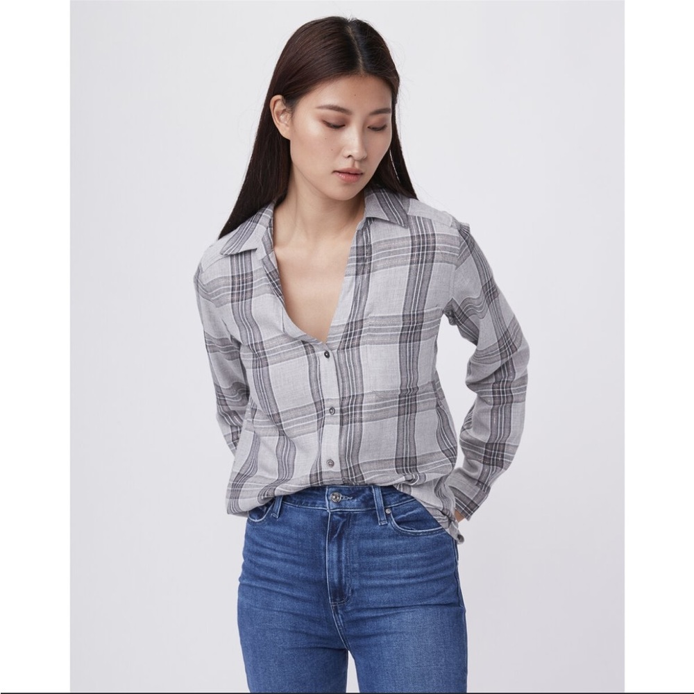 Paige Plaid Gray Blouse Shirt Long Sleeve Large Neve shirt Miracle Gray Mirage